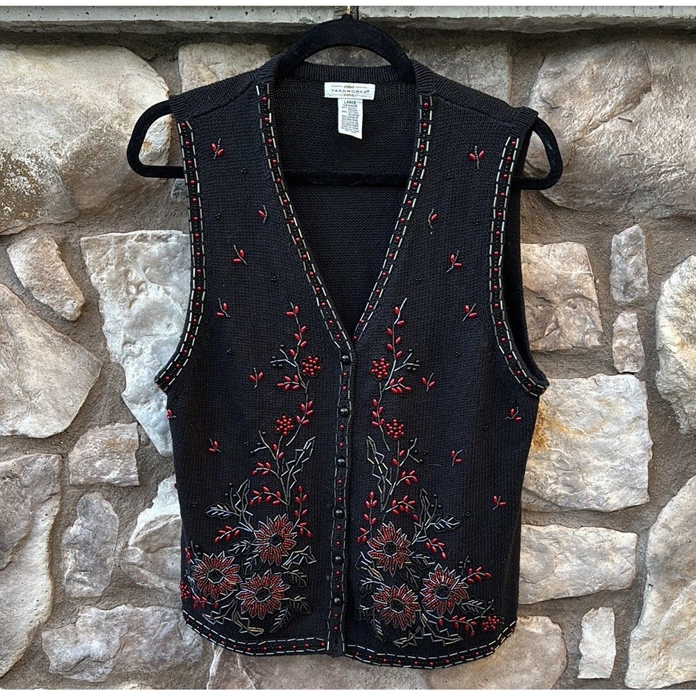 Yarn Works Black Red Sweater Vest Floral Beaded Size Large Vintage